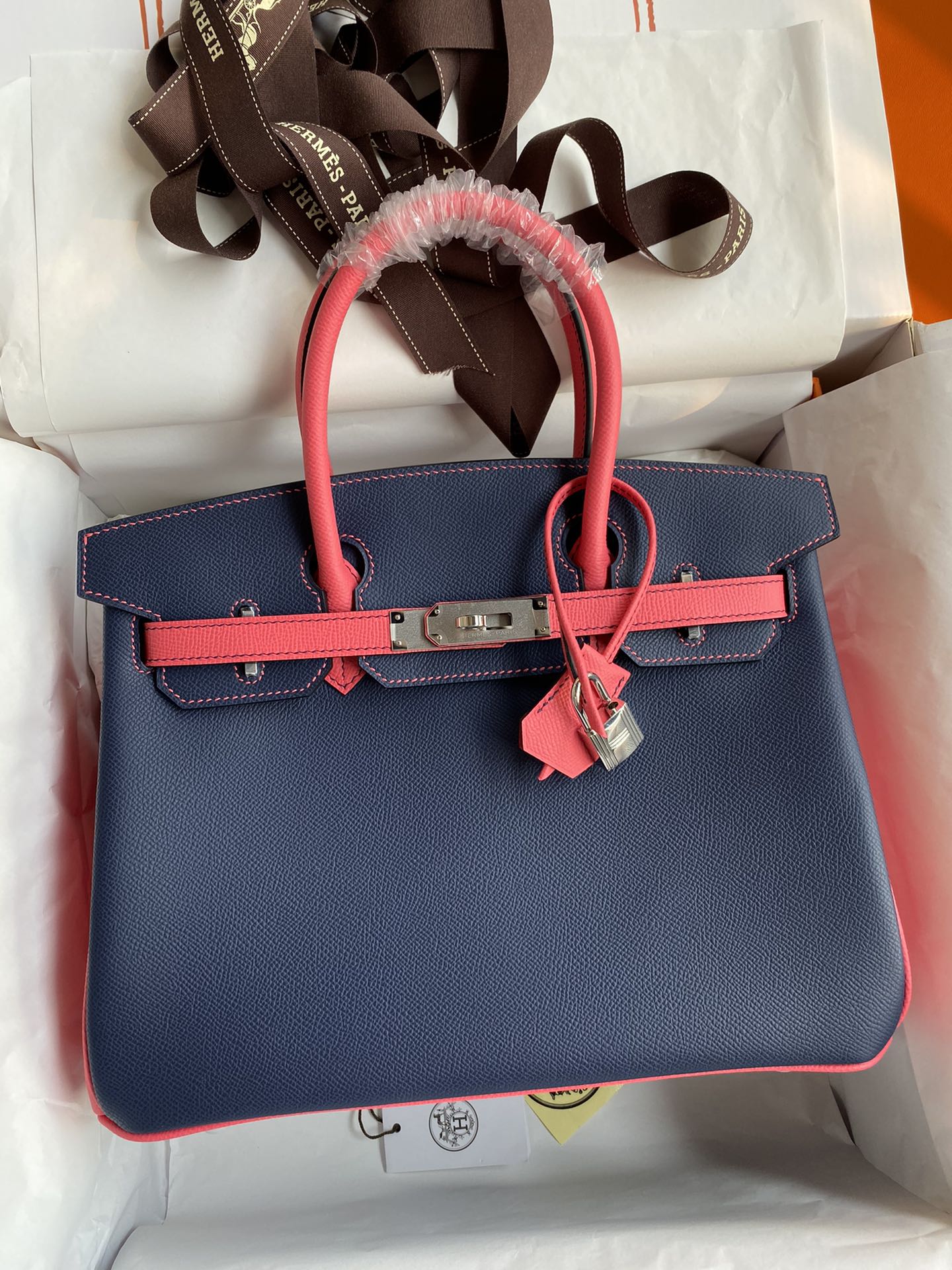 Hermes Birkin 30CM Epsom Leather Handbag Dark Blue Pink